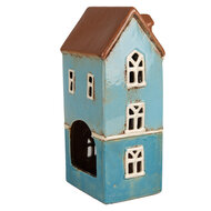 Clayre &amp; Eef | Theelichthouder Kerst Huisje Blauw Bruin 11x9x22 cm | 6CE1915