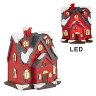 Clayre & Eef | Decoratie Huisje met LED Rood Grijs 6x5x7 cm | 6PR5739