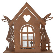 Clayre & Eef | Theelichthouder Huisje met konijnen Bruin 26x9x26 cm | 6Y5786