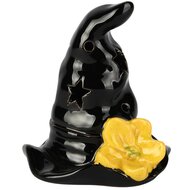 Dekoratief | Heksenhoed m/gele bloem, zwart, keramiek, LED, 10x9x11cm | A255021