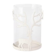 Dekoratief | Theelichthouder m/hert, wit/transparant, metaal/glas, 11x11x15cm | A255095