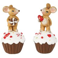 Dekoratief | Muisje staand op cupcake, bruin/wit, resina, 7x7x13cm, set van 2 stuks | A255226