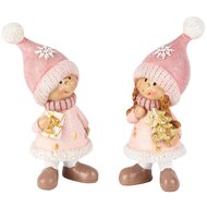 Dekoratief | Winterkindje staand m/boompje, roze/wit, resina, 6x5x13cm, set van 2 stuks | A255228