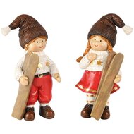 Dekoratief | Winterkindje staand m/ski's, rood/wit, resina, 7x5x16cm, set van 2 stuks | A255241