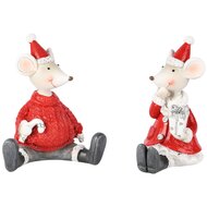 Dekoratief | Muisje zittend m/cadeautje, wit/rood, resina, 8x6x9cm, set van 2 stuks | A255259