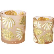 Dekoratief | Set 2 theelichthouders &#039;Glitter Fan&#039;, roze/goud, glas, 9x9x10cm | A255290