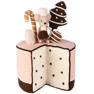 Dekoratief | Taart m/muis/gebak, roze/bruin, stof, 20x20x30cm | A255330