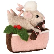 Dekoratief | Gebakje m/muis liggend, roze/bruin, stof, 5x9x8cm | A255335