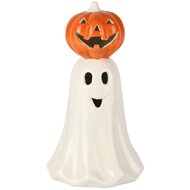 Dekoratief | Spookje m/pompoen, wit/oranje, dolomiet, LED, 11x11x19cm | A255373