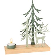 Dekoratief | Theelichthouder m/hert/bomen, groen, metaal/hout, 22x7x24cm | A255394