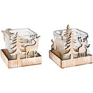 Dekoratief | Theelichthouder m/herten, naturel, glas/hout, 9x9x8cm, set van 2 stuks | A255456