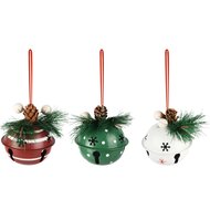 Dekoratief | Hanger bal m/belletje, groen/rood/wit, metaal, 7x7x6cm, set van 3 stuks | A255493
