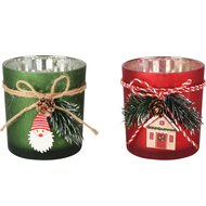 Dekoratief | Theelichthouder m/santa/huisje, rood/groen, glas, 7x7x8cm, set van 2 stuks | A255503