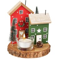 Dekoratief | Tafelstukje m/huisjes, groen/rood, hout, 14x14x14cm | A255507