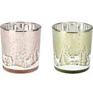 Dekoratief | Theelichthouder m/huisjes, groen/roze, glas, 7x7x8cm, set van 2 stuks | A255513