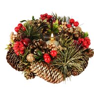 Dekoratief | Tafelstukje m/bessen/dennenappels, goud/rood/groen, 20x20x7cm | A255597