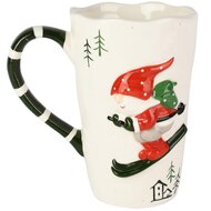 Dekoratief | Mok hoog &#039;Santa on Ski&#039;s&#039;, rood/wit/groen, keramiek, 15x9x15cm | A255622