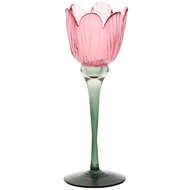Dekoratief | Theelichthouder tulp op voet, roze/groen, glas, 8x8x23cm | A255809