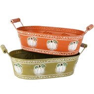 Dekoratief | Bakje ovaal m/pompoenen, groen/oranje, metaal, 28x17x8cm, set van 2 stuks | A255950
