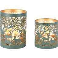 Dekoratief | Set 2 Waxinelichthouders &#039;Gazing Deer&#039;, groen/goud, metaal, 10x10x14cm | A258090