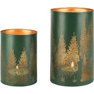 Dekoratief | Set 2 Waxinelichthouders 'Mystery Forest', groen/goud, metaal, 12x12x20cm | A258092