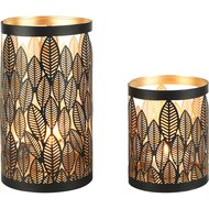 Dekoratief | Set 2 Waxinelichthouders 'Stacked Leafs', zwart/goud, metaal, 12x12x21cm | A258163