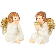 Dekoratief | Engel zittend m/hartje, wit/goud, resina, 8x10x11cm, set van 2 stuks | A255078