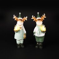 Dekoratief | Rendier staand m/boompje, groen/wit, resina, LED, 12x8x26cm, set van 2 stuks | A255086
