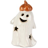 Dekoratief | Spookje m/pompoenhoed, wit/oranje, porselein, LED, 9x8x15cm | A255132