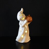 Dekoratief | Spookje m/pompoen, wit/oranje, porselein, LED, 10x8x20cm | A255134
