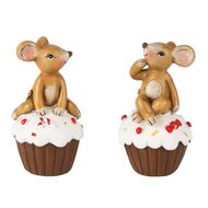 Dekoratief | Muisje zittend op cupcake, bruin/wit, resina, 5x5x9cm, set van 2 stuks | A255225
