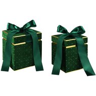 Dekoratief | Set 2 dozen vierkant m/striklint, groen/goud, velvet/karton, 16x16x17cm | A255303