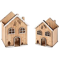 Dekoratief | Set 2 bakjes huisje m/sneeuw/bomen, naturel/wit, hout, 13x12x16cm | A255452