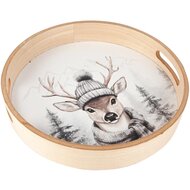 Dekoratief | Dienblad rond 'Winter Deer', naturel/wit, hout, 30x30x5cm | A255484