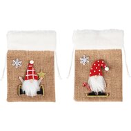 Dekoratief | Zakje m/gnoompje, rood/wit/naturel, jute, 17x12x1cm, set van 2 stuks | A255489