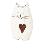 Dekoratief | Deco poes m/hartje, wit/naturel, hout, 8x5x13cm | A255553