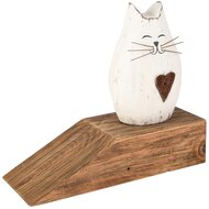 Dekoratief | Deurstop poes m/hartje, wit/naturel, hout, 21x8x18cm | A255554