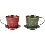 Dekoratief | Bakje theekopje 'Deer', rood/groen, metaal, 14x12x17cm, set van 2 stuks | A255572