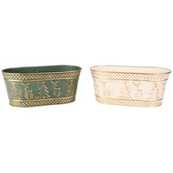 Dekoratief | Bloempot ovaal 'Deer & Tree', groen/wit, metaal, 26x14x11cm, set van 2 stuks | A255576