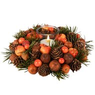 Dekoratief | Tafelstukje m/bessen/dennenappels, oranje, 19x19x7cm | A255586