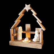 Dekoratief | Kerststal m/figuren, naturel/wit, hout/porselein, LED, 19x8x20cm | A255613