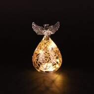 Dekoratief | Engel staand m/parels/bloemen, transparant/goud, glas, LED, 8x8x13cm | A255653
