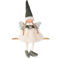 Dekoratief | Engelpop m/hangbenen, wit/groen, stof, 16x10x46cm | A255674