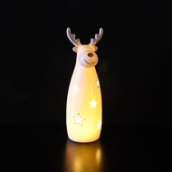 Dekoratief | Rendier staand m/sterren, wit/goud, porselein, LED, 6x6x18cm | A255743