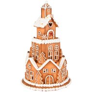 Dekoratief | Toren peperkoekenhuisjes, bruin/wit, resina, LED, 15x15x23cm | A255751