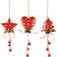 Dekoratief | Hanger hart/ster/boom, rood/wit, metaal, 10x10x22cm, set van 3 stuks | A255767