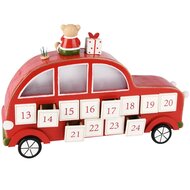 Dekoratief | Adventkalender kerstauto, rood/wit, hout, LED, 35x9x24cm | A255770