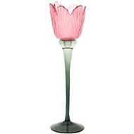 Dekoratief | Theelichthouder tulp op voet, roze/groen, glas, 8x8x28cm | A255810