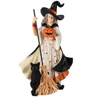 Dekoratief | Heks staand m/zwarte kat, zwart/oranje, resina, LED, 20x15x32cm | A255836