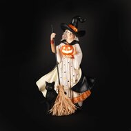 Dekoratief | Heks staand m/zwarte kat, zwart/oranje, resina, LED, 20x15x32cm | A255836